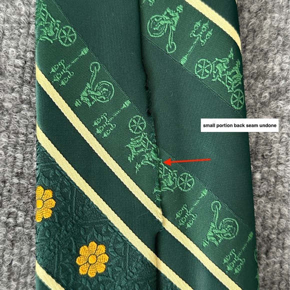 Vintage 70s Grandpa Tie Mens Green Gold Floral Bicycle Print Eclectic Necktie - Picture 6 of 12